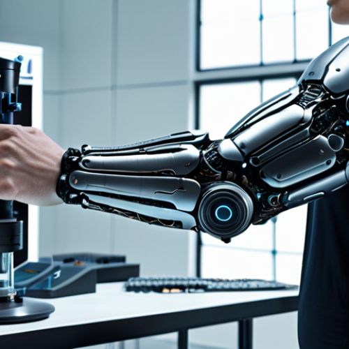 Home 15 **Prompt:** A futuristic bionic arm seamlessly integrated with a human arm, highlighting advanced sensors and a sleek, modern design. Background shows a laboratory setting with researchers working on AI algorithms.