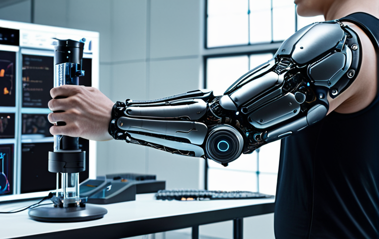 **Prompt:** A futuristic bionic arm seamlessly integrated with a human arm, highlighting advanced sensors and a sleek, modern design. Background shows a laboratory setting with researchers working on AI algorithms.