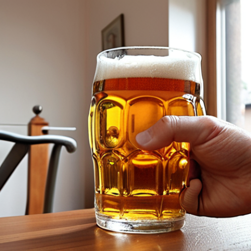 Home 14 **
A modern myoelectric arm prosthesis being used in a everyday setting. Show the prosthetic hand carefully holding a delicate glass of German beer. The background subtly hints at a comfortable, middle-class German home, emphasizing the cost and lifestyle associated with such advanced technology.
**
