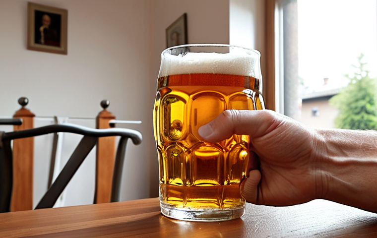 **
A modern myoelectric arm prosthesis being used in a everyday setting. Show the prosthetic hand carefully holding a delicate glass of German beer. The background subtly hints at a comfortable, middle-class German home, emphasizing the cost and lifestyle associated with such advanced technology.
**
