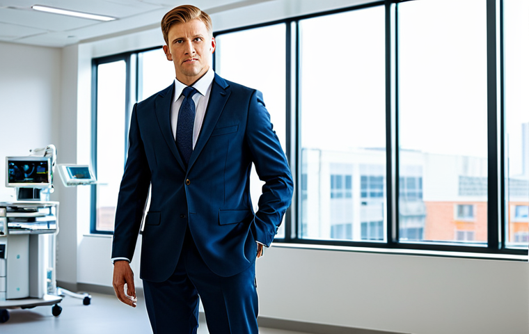 A professional individual wearing a sophisticated bionic arm, fully clothed in a modest, modern business suit, stands confidently in a brightly lit, contemporary medical technology center. Subtle high-tech equipment is visible in the background, hinting at innovation. The individual's bionic arm is seamlessly integrated and appears highly functional. The image features perfect anatomy, correct proportions, and a natural, poised stance. This is a professional photograph, high quality, safe for work, appropriate content, family-friendly, with well-formed hands and proper finger count, showcasing natural body proportions and professional dress.