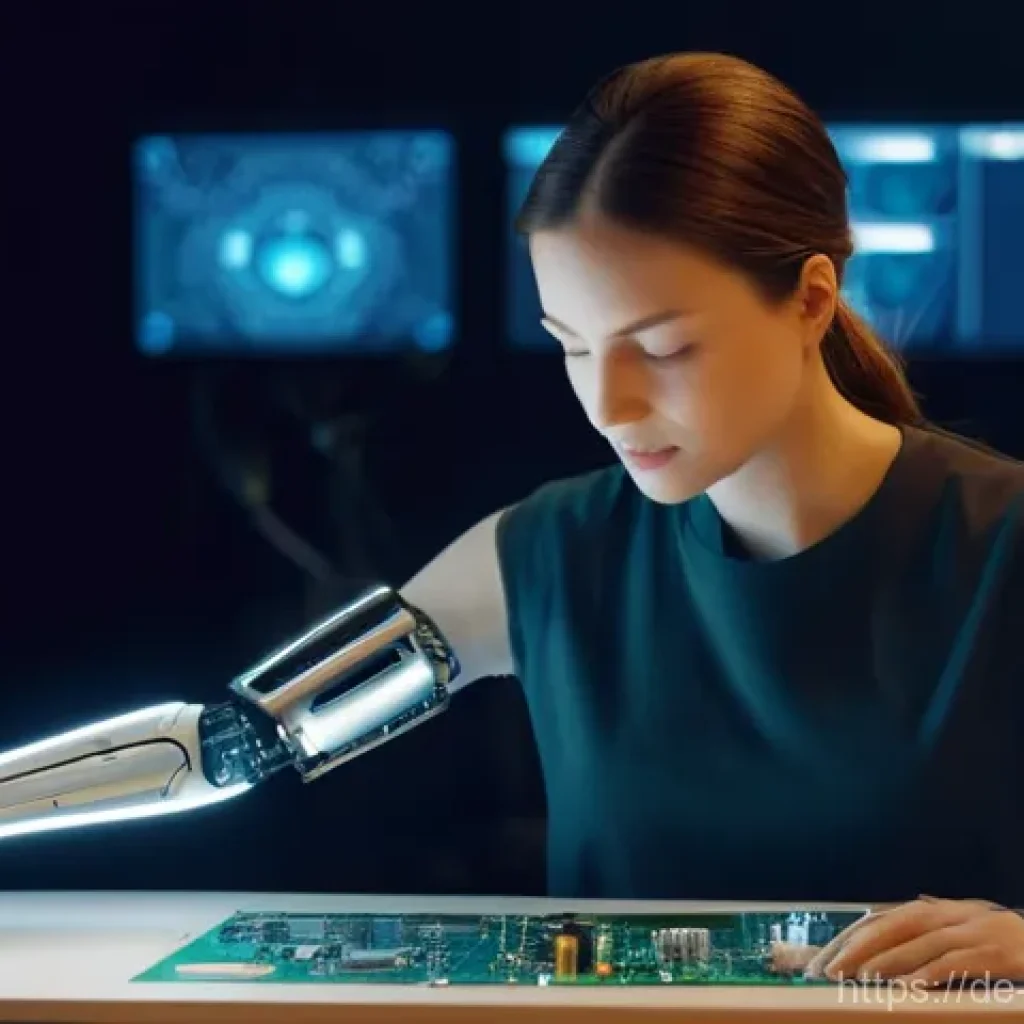 바이오닉 보철의 생리학적 적응 과정 - **Prompt:** A young woman, early 30s, with a sleek, advanced bionic arm, is performing a delicate ta...