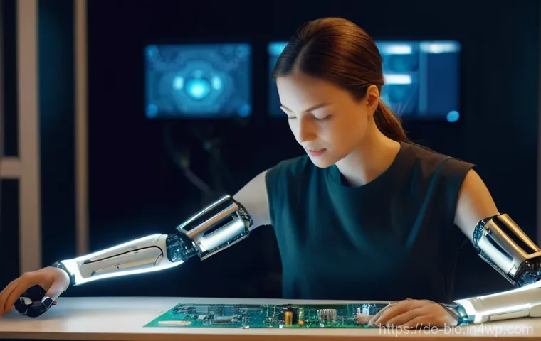 바이오닉 보철의 생리학적 적응 과정 - **Prompt:** A young woman, early 30s, with a sleek, advanced bionic arm, is performing a delicate ta...