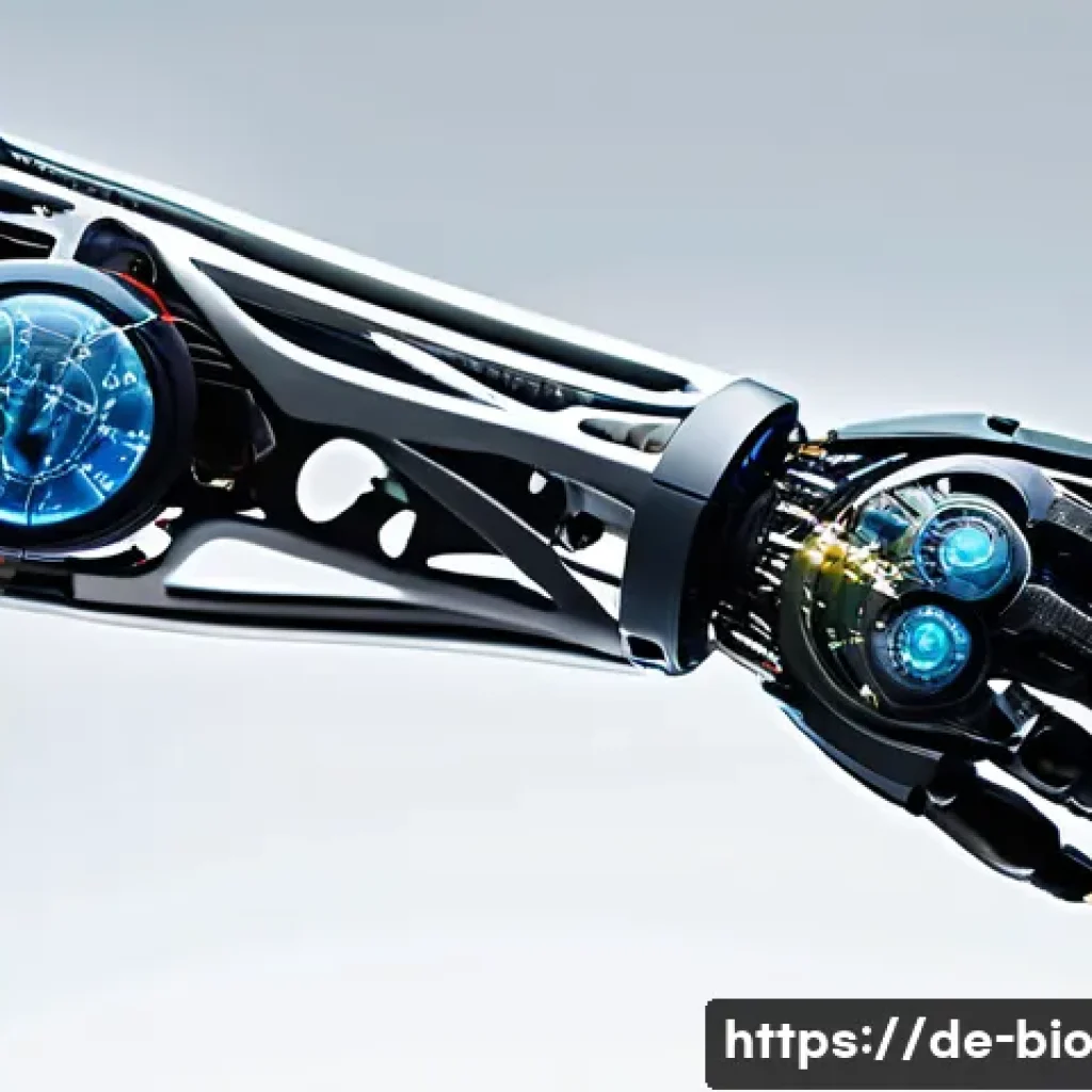 바이오닉 보철의 차세대 기술 동향 - A highly detailed, futuristic bionic prosthetic arm named "NeuroArm X2" displayed in a clinical sett...