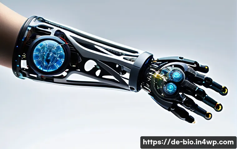 바이오닉 보철의 차세대 기술 동향 - A highly detailed, futuristic bionic prosthetic arm named "NeuroArm X2" displayed in a clinical sett...