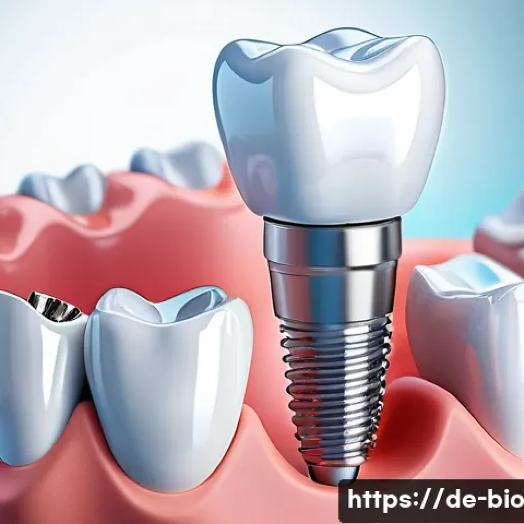 바이오닉 보철의 다양한 형태 소개 - A highly detailed close-up of a fixed bionic dental implant anchored in the jawbone, showcasing tita...