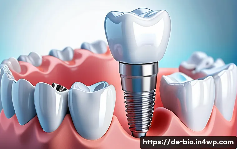 바이오닉 보철의 다양한 형태 소개 - A highly detailed close-up of a fixed bionic dental implant anchored in the jawbone, showcasing tita...