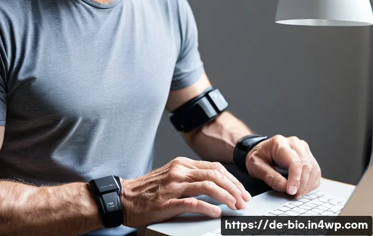 바이오닉 보철의 생체신호 활용 연구 - A detailed close-up of a modern bionic prosthetic arm worn by a middle-aged German man in everyday c...