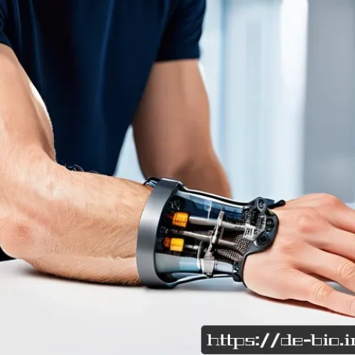 Home 33 바이오닉 보철과 사용자 경험 조사 - A detailed close-up of a modern bionic arm prosthesis worn by an adult male in a German urban settin...