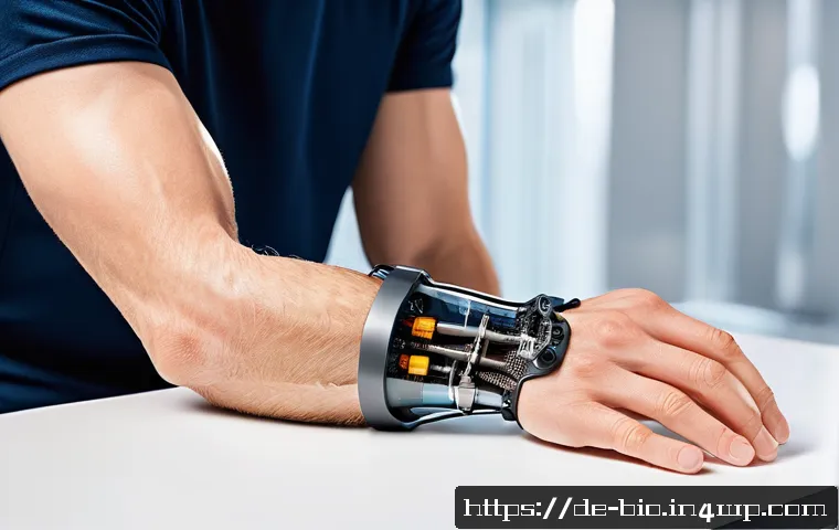 바이오닉 보철과 사용자 경험 조사 - A detailed close-up of a modern bionic arm prosthesis worn by an adult male in a German urban settin...