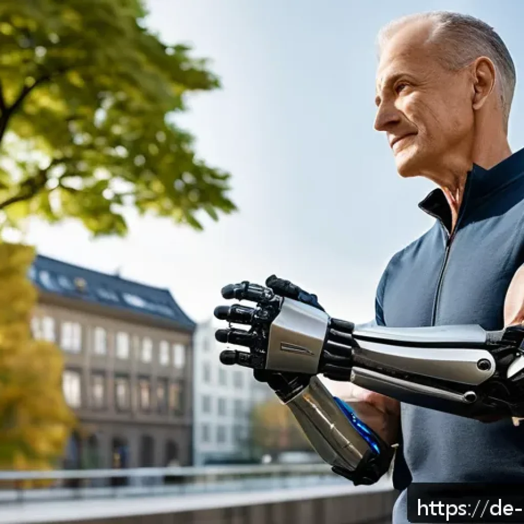 바이오닉 보철의 비즈니스 모델 탐구 - A futuristic bionic prosthetic arm integrated with advanced AI and sensor technology, showcasing rea...