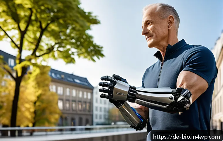 바이오닉 보철의 비즈니스 모델 탐구 - A futuristic bionic prosthetic arm integrated with advanced AI and sensor technology, showcasing rea...