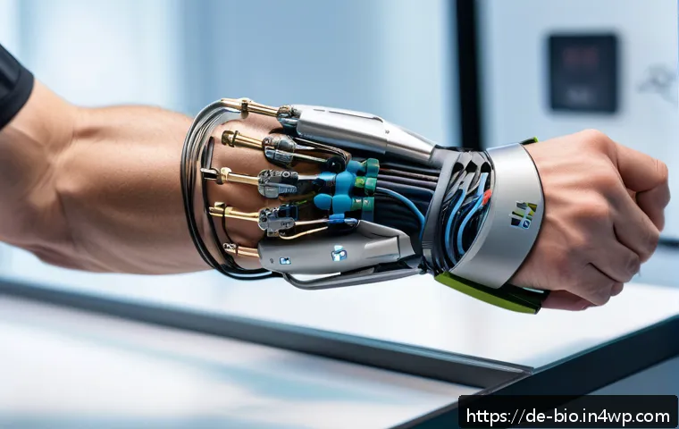 바이오닉 보철 선택 시 고려해야 할 요소 - A close-up view of a modern bionic prosthetic arm attached to a male forearm, showcasing advanced se...