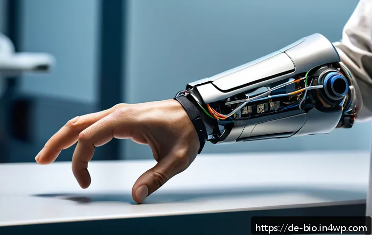 바이오닉 보철의 새로운 응용 가능성 - A futuristic bionic prosthetic arm equipped with advanced neural interface technology, showing intri...