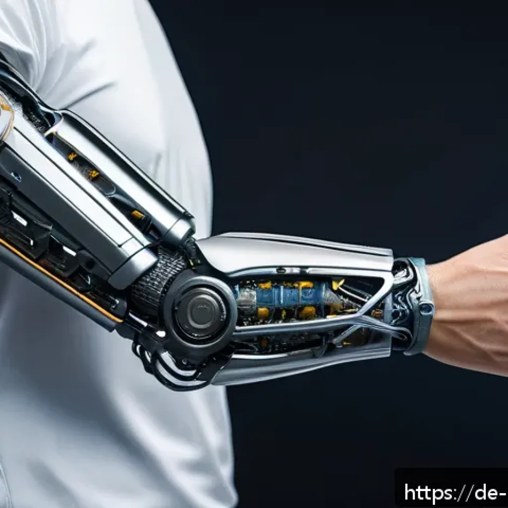 바이오닉 보철의 안전성 평가 기준 - A highly detailed close-up of a futuristic bionic prosthetic arm designed with biocompatible titaniu...