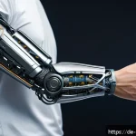 Home 23 바이오닉 보철의 안전성 평가 기준 - A highly detailed close-up of a futuristic bionic prosthetic arm designed with biocompatible titaniu...