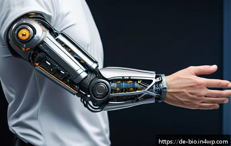 바이오닉 보철의 안전성 평가 기준 - A highly detailed close-up of a futuristic bionic prosthetic arm designed with biocompatible titaniu...