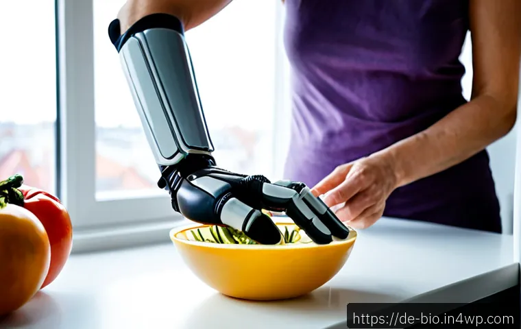 바이오닉 보철의 미래 기술 예측 - Photorealistic close-up of a middle-aged German woman using an advanced bionic forearm and hand whil...